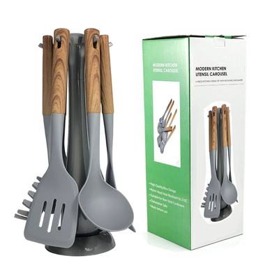 Seidendruck oder ausgeschmiertes Logo Luxuriöser Holzgriff Grauer Küchengerät Set